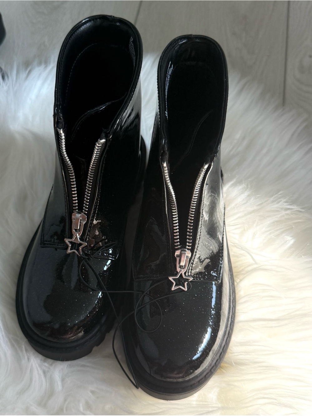 Kids Black Patent Front-Zip Ankle Boots with Star Pulls